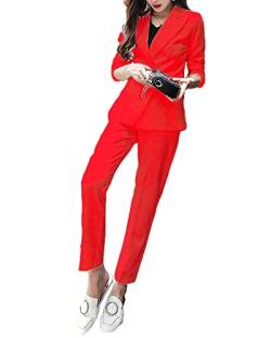 DAIHAN Damen Anzug 2-Stück Lässig Hosenanzug Büro Suit Langarm Blazer Und Hosen Anzüge Outfit Slim Fit Zweiteiler Streetwear Anzug Set Für Office Hochzeit,Rot,XL von DAIHAN