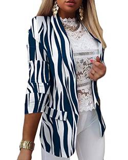 DAIHAN Damen Beiläufig Blazer Öffnen Vorderseite 3/4 Ärmel Büro Jacken Blazer Sakko Elegant Herbstjacke Slim Fit Revers Geschäft Büro Jacke Kurz Mantel Casual Anzugjacke,Streifen,L von DAIHAN