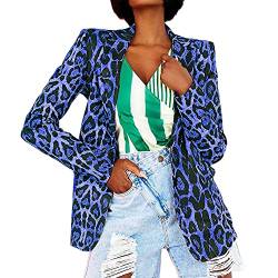 DAIHAN Damen Elegant Langarm Blazer Leopardenmuster Slim Fit Revers Geschäft Büro Jacke Kurz Mantel Tailliert Business Anzug Bolero Freizeitjacke Anzugjacke,Blau,XL von DAIHAN