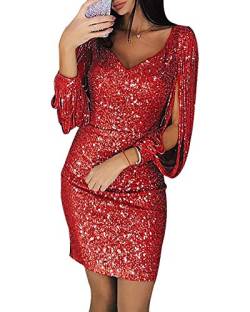 DAIHAN Damen Elegante Enges Abendkleider Festliches Kleid Fransen Langarm V-Ausschnitt Hochzeit Paillettenkleid rot M von DAIHAN