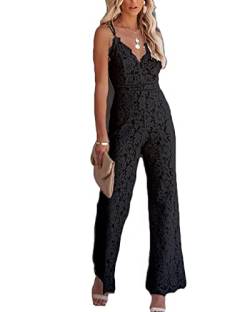 DAIHAN Damen Jumpsuit Elegant V Ausschnitt Spitze Schicke Overall Cocktail Party Overalls Hosenanzug Playsuit Lang Romper,Schwarz,XS von DAIHAN