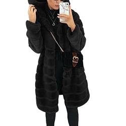 DAIHAN Damen Kunstpelz Mantel Elegant Lang Wintermantel Verdicken Pelzmantel Plüschjacke Warme Outwear Winter Jackemantel Kapuzenjacke mit Taschen,Schwarz,L von DAIHAN