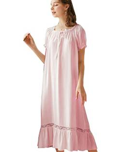 DAIHAN Damen Kurz/Langarm-Nachthemd mit Rüschen Viktorianischer Palast Süß Pyjama im Prinzessinnen-Stil Lange Nachtwäsche, Nachthemd, Loungewear Nachtwäsche-Lounge-Kleid Pink Kurzarm von DAIHAN