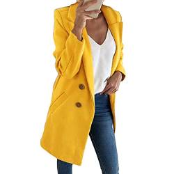 DAIHAN Damen Lange Mantel Jacke Slim Fit Trenchcoat Herbst Winter Elegante Übergangsjacke Faux Wollmantel Revers Parka Coat Outwear Long Blazer Cardigan Mit Taschen,Gelb,M von DAIHAN