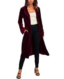 DAIHAN Frauen Samt Cardigan Mantel Herbst Winter Casual Outwear Einfarbig Oberbekleidung Festlich Übergangsjacke Langarm Mantel,Weinrot,XL von DAIHAN