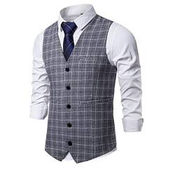 DAIHAN Herren Karierte Weste Formale Hochzeit Anzug Westen Slim fit V-Ausschnitt Ärmellose Gilet Anzugweste,Grau,XL von DAIHAN