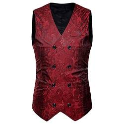 DAIHAN Herren Klassische Paisley Jacquard Weste V-Ausschnitt Ärmellose Fit Business Hochzeit Anzug Westen Elegant Anzugweste Stil Blazer,Rot,L von DAIHAN