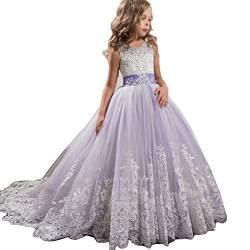 DAIHAN Kinder Elegant Lang Spitzenkleid Tüllkleider Mädchen Bestickt Prinzessin Kleider Ballkleider Cocktailkleid Hochzeit Kleid Festzug Cocktailkleid Abendkleid,Violett,140 von DAIHAN