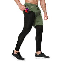 DAIHAN Kompressionshose Herren Laufhose Lang Legging Laufshorts 2 In 1 Kurze Running Sporthose für Sport, Training, Fitness, Radfahren, Yoga, Wandern, Basketball,Armeegrün,M von DAIHAN