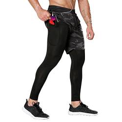 DAIHAN Kompressionshose Herren Laufhose Lang Legging Laufshorts 2 In 1 Kurze Running Sporthose für Sport, Training, Fitness, Radfahren, Yoga, Wandern, Basketball,Camo,XL von DAIHAN