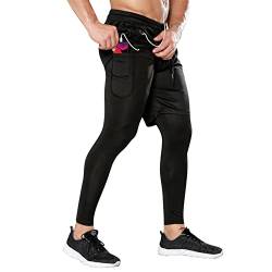 DAIHAN Kompressionshose Herren Laufhose Lang Legging Laufshorts 2 In 1 Kurze Running Sporthose für Sport, Training, Fitness, Radfahren, Yoga, Wandern, Basketball,Schwarz,L von DAIHAN