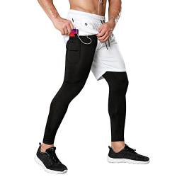 DAIHAN Kompressionshose Herren Laufhose Lang Legging Laufshorts 2 In 1 Kurze Running Sporthose für Sport, Training, Fitness, Radfahren, Yoga, Wandern, Basketball,Weiß,L von DAIHAN