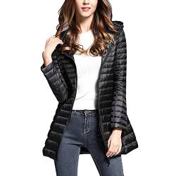 DAIHAN Leichte Daunenjacke Damen Lang Leichter Daunenmantel Steppjacke mit Kapuze Steppmantel Übergangsjacke Stepp Jacke Winterjacke Parka,Schwarz,XXS von DAIHAN