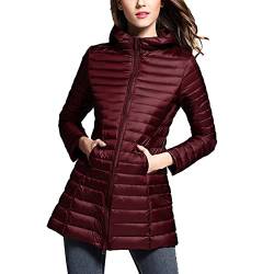 DAIHAN Leichte Daunenjacke Damen Lang Leichter Daunenmantel Steppjacke mit Kapuze Steppmantel Übergangsjacke Stepp Jacke Winterjacke Parka,Weinrot,M von DAIHAN