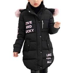 DAIHAN Mädchen Lange Winterjacke Kinder Wintermantel Mit Falsch Fellkapuze Warm Jacke Schwarz 130CM von DAIHAN