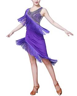 Damen Latein Kleid Salsa Tango Tanz Kleid Fransenkleid Glitzer Tanzkleid Flapper Tanzkostüm für Latin Cha Cha Rumba Samba Tango,Lila,M von DAIHAN