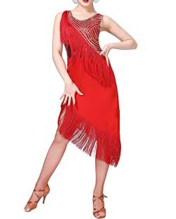 Damen Latein Kleid Salsa Tango Tanz Kleid Fransenkleid Glitzer Tanzkleid Flapper Tanzkostüm für Latin Cha Cha Rumba Samba Tango,Rot,L von DAIHAN
