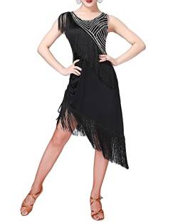 Damen Latein Kleid Salsa Tango Tanz Kleid Fransenkleid Glitzer Tanzkleid Flapper Tanzkostüm für Latin Cha Cha Rumba Samba Tango,Schwarz,L von DAIHAN