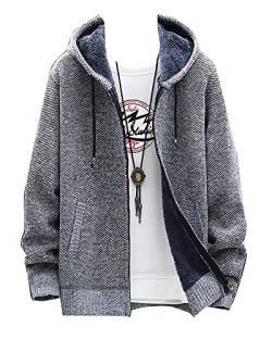 Herren Einfarbig Strickjacke Sweatjacke mit Kapuze Pullover mit Zopfmuster Dicker Winter Strickmantel Fleece-gefütterte Jacke Cardigan Kapuzenpullover Kapuzenjacke 6602LiGrau XL von DAIHAN