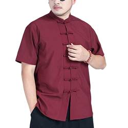 Herren Kurzarm Hemd Freizeithemd – Traditionelle Chinesische Tang Stil Shirt Kleidung Sommer Shirt Kampfkunst Kung Fu Tai Chi Freizeithemd,Weinrot,5XL von DAIHAN