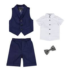 Kleine Jungen Sommeranzüge Smoking Weste Kurze Hose Anzüge mit Fliege Festliche Kleidung Pagenjungen-Outfit Einfarbig Smoking-Outfit Formaler Anzug für Kleinkinder oben und unten Marine(4pcs) 150 von DAIHAN