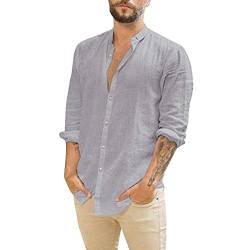 Leinenhemd Herren Langarm Sommerhemd Regular Fit Freizeithemd Shirts Kragenlos Stehkragen Casual Leicht Shirts Lässige Strand Hemd T-Shirts Tops,Grau,3XL von DAIHAN