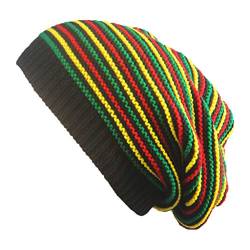 DAISHIAO Unisex Häkelmütze / Beanie-Kappe, gewellt, feine Streifen, Regenbogen-Jamaika-Flagge, Baggy Skull Hat von DAISHIAO