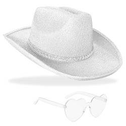 DAJOOEE Cowgirl-Hut mit Herz Sonnenbrille Glitzer Cowboyhut für Damen & Mädchen Cosplay Junggesellenabschied Kostüm Hüte (Weiß) von DAJOOEE