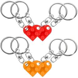 4 Stück Cute Herz Schlüsselanhänger Set, Süße Baustein Geschenk für Verliebte, Pärchen, Herzförmig Keychain für Valentinstag, Weihnachten(Rot und Orange) von DALAETUS