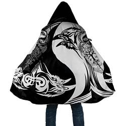 DAMATA Viking Yin Yang Tattoo Unisex Kapuzenjacke 3D Raven丨Wolf halblanger warmer Wintermantel Lammfell winddichtes Cape (Color : Yin-Yang Raven, Size : L) von DAMATA