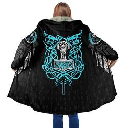 Mjölnir 3D Herren Outdoor Windproof Jacke Viking Tattoo Mantel aus Lammwolle und Baumwolle mit halblanger Kapuze und Windjacke Winter lockere Passform lässig Sport Umhang Poncho ( Color : Thor's Hamme von DAMATA