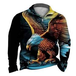 Herren Langarm-Poloshirt im Ethnostil 3D Bedruckt Polo-Shirt Casual Distressed Adler-Muster Revers Reißverschluss Tops Polo-Shirts von DAMEGA