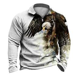 Herren Langarm-Poloshirt im Ethnostil 3D Bedruckt Polo-Shirt Casual Distressed Adler-Muster Revers Reißverschluss Tops Polo-Shirts von DAMEGA