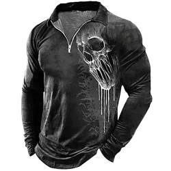 Herren Langarm-Poloshirt mit 3D-Skelett-Aufdruck lässig abgenutzt Gothic Totenkopf Muster Revers Reißverschluss Tops Polo Shirts von DAMEGA