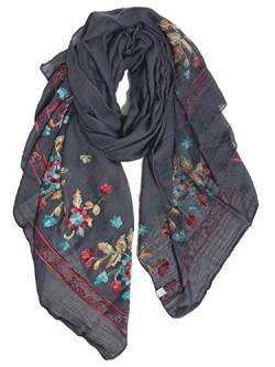 DAMILY Damen-Schal, bedruckt, bestickt, Blumenmuster, leichter Schal, aus Baumwolle, Dunkelgrau, 38 von DAMILY