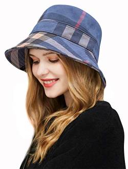 DAMILY Karierter Eimerhut für Frauen Warm Winter Große Krempe Plaid-Wannen-Hut für Frauen (Marine) von DAMILY