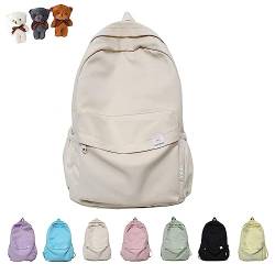Difa Backpack, Difa Bear Backpack, Cute Aesthetic Backpack, Kawaii Solid Color Backpack for Girls Boys with Bear Pendant (White) von DANC