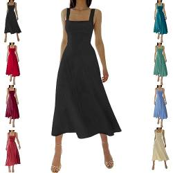 New Women's Thick Straps MIDI Dress, Solid Color Ruffle A Line Beach Slim-fit Waist Dress (B,2XL) von DANC