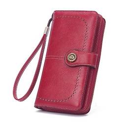 DANETI Damen Geldbörse Lange Brieftasche Vintage Öl Gewachst Leder Skelett Brieftasche Koreanische Große Kapazität Handytasche Weibliche, rot von DANETI