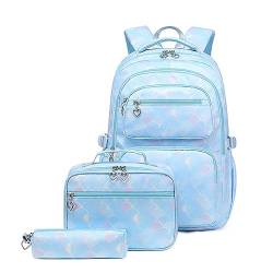 DANETI Schultaschen für Mädchen 3 Stück/Set Schultaschen für Teenager Mädchen Student Rucksack Schultasche mit Federmäppchen Lunchbox, 3Blau von DANETI