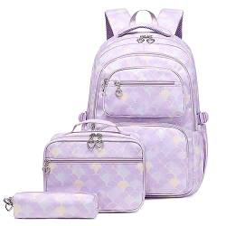 DANETI Schultaschen für Mädchen 3 Stück/Set Schultaschen für Teenager Mädchen Student Rucksack Schultasche mit Federmäppchen Lunchbox, 3purple von DANETI