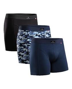 Herren Boxershorts, 3er Pack Classic Unterhosen aus weicher Baumwolle, Retroshorts, Cotton Essential, Schwarz, Grau, Blau (Mehrfarbig (1x Schwarz, 1x Camouflage Blau, 1x Marineblau), XXL) von DANISH ENDURANCE