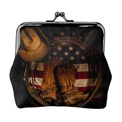 Danlim Damen Leder Münzbörse Vintage Kleine Geldbörse Bargeld Tasche mit Kiss Lock Amerikanische Flagge mit Cowboy-Stiefeln, Schwarz, Einheitsgröße, Neutral von DANLIM