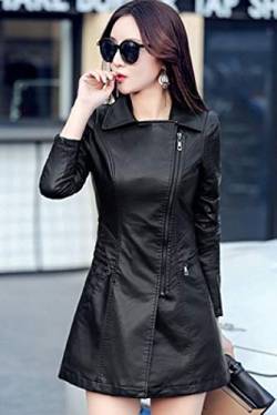 DANWJDP Frauen Lederjacke, Mode-Trend Vintage Herbst Frühling Schwarz Große Größe Lange Schlanke Trenchcoat Damen Leder Biker Moto Jacke, Bequeme Weiche Pu Kunstleder Material, Retro Mantel Outw von DANWJDP