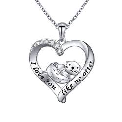 DAOCHONG Seeotter Halskette, 925 Sterling Silber Süßer Tierschmuck Seeotter Herz Anhänger Halskette für Frauen, 18 Zoll von DAOCHONG