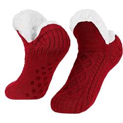 DARENYI Socken Warm Hausschuhe Damen Winter Flauschige Socken Winter Hausschuhe Socken Damen Nicht Gleiten Strick Fleece Gefütterte Warme Slipper Socken Kuschelsocken Damen 39-44 (rot) von DARENYI