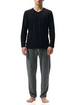 DAVID ARCHY Herren Baumwolle Schlafanzug Zweiteiliger Nachtwäsche Langarm Shirt und Loungehose mit V Ausschnitt Flauschig 1er Pack,Schwarz+Dunkelgrau,L von DAVID ARCHY