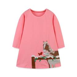 DAWILS Mädchen Kleid Casual Festlich Kleidung Herbst Halloween Langarm Pferd Rosa Baumwolle Baby Partykleid Blusenkleid Geburtstag Kleider 7 Jahre von DAWILS