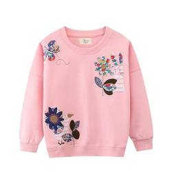 DAWILS Mädchen Sweatshirt Schmetterling Blumen Streifen Rosa Baumwolle-Fleece Pullover Für Kinder Warme Dünne Sportwear Weihnachts Pullis Shirt Baby Jacke Oberteil 5 Jahre Gr.110 von DAWILS