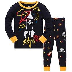 DAWILS Schlafanzug Jungen Kinder Langarm Zweiteiliger Baumwolle Weltraumrakete Pyjama Nachtwäsche 128 von DAWILS